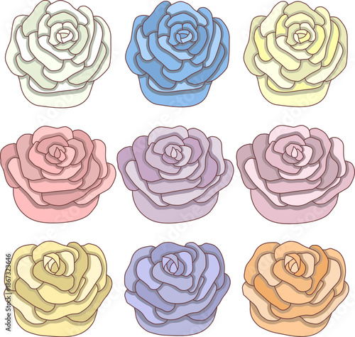 Set of different cartoon buds of roses of different colors with shadows. Flowers. Floral elements. Vector illustration.