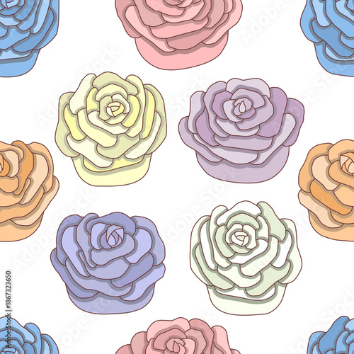 Drawn cartoon buds of roses of different colors with shadows on white background. Flowers. Floral pattern. Abstract wallpaper. Vector seamless pattern.