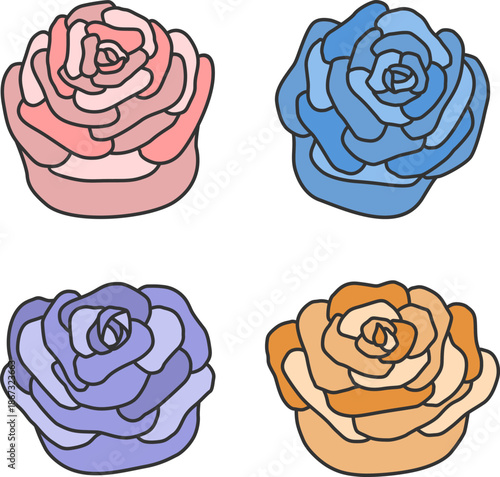 Set of different cartoon buds of roses of different colors with black contours. Flowers. Floral elements. Vector illustration.