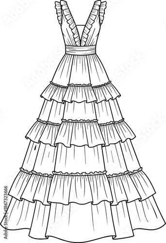 Fashion technical sketch of a tiered ruffle maxi dress, sleeveless v-neck gown with frills, flat vector illustration CAD drawing template