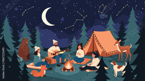 Friends gathered around a campfire at night in a forest with a tent, starry sky, moon, and various wild animals nearby.