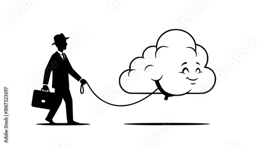 Surreal Silliness: Business Person Walking Cloud on Leash Silhouette - Whimsical Office Humor Vector