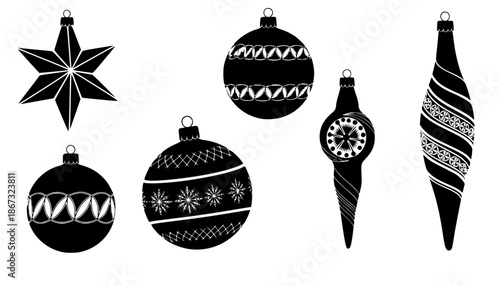 Black Christmas ornament silhouette set with star, round bauble, and spiral decoration, festive holiday vector design elements collection
