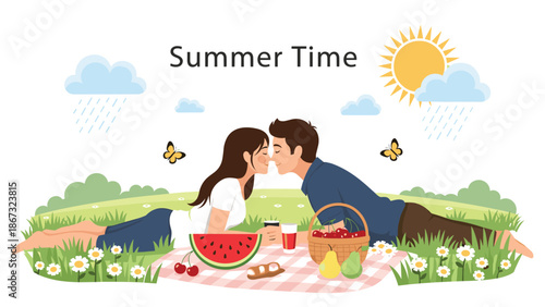 Summer Time illustration of a young couple having a romantic picnic in a green meadow on a sunny and rainy day.