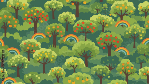Colorful seamless pattern featuring an orchard of apple, orange, and pear trees with vibrant rainbows on a green background.