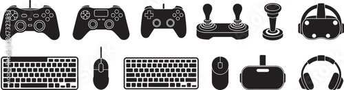 Professional gaming gear set including console controllers and mechanical keyboard silhouettes for esports vector illustration