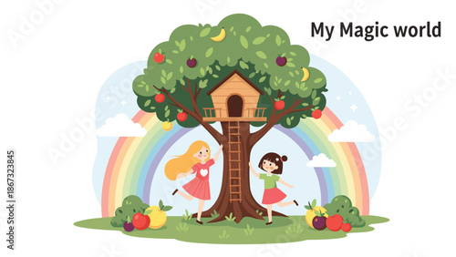 My Magic World illustration with two young girls playing near a beautiful treehouse in a garden with a giant rainbow.