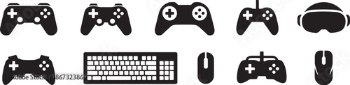 Modern video game hardware icons set including wireless controllers and gaming mice silhouettes for streamers vector illustration
