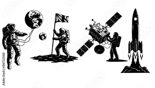 Black and white space exploration silhouettes of astronauts floating, planting flags, operating satellite, and a rocket launching in space
