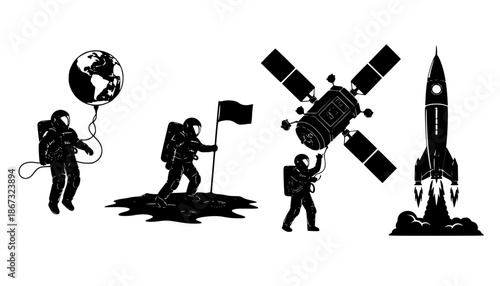 Black and white space exploration silhouettes of astronauts floating, planting flags, operating satellite, and a rocket launching in space
