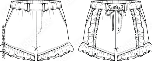 Fashion technical sketch of women ruffled shorts, front and back view of elastic waist summer shorts, cad drawing flat vector illustration