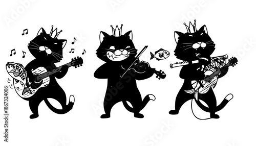 Cartoon black cat character illustrations playing musical instruments, crown, fish, guitar, violin, flute, whimsical animal artwork design sequence

