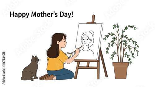 Happy Mother's Day illustration of a young girl painting a portrait of her mother on a canvas with a cat watching.