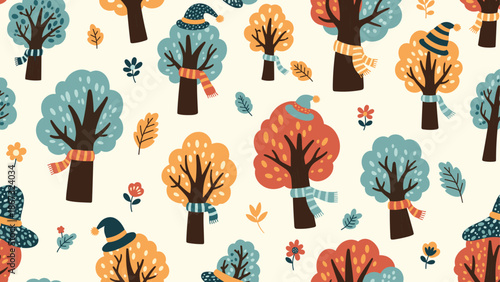 Whimsical seamless pattern of autumn trees wearing colorful winter hats and scarves on a light cream background.