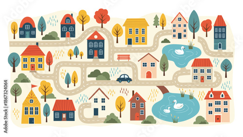 Detailed village map illustration with colorful houses, winding roads, trees, cars, and ponds with swimming swans.