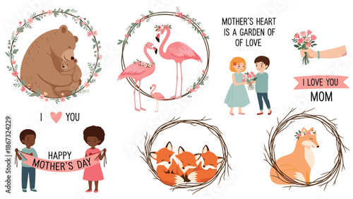 Mother's Day illustration collection with animal mothers like bears, flamingos, and foxes hugging their babies.