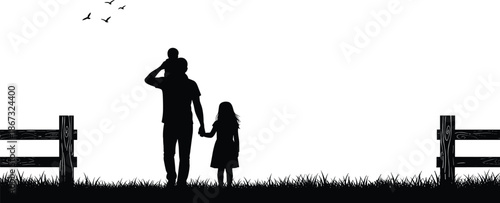 Father walking with his daughter and small child on shoulders silhouette, rural landscape with wooden fence and birds for happy family concept,