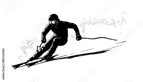 Dynamic skiing silhouette, skier in motion, winter sports action, alpine skiing, extreme sport, ski poles, downhill skiing, snow adventure.
