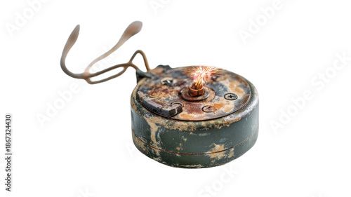 Old rusted explosive device with burning fuse military ordnance danger object detailed texture isolated on white background
