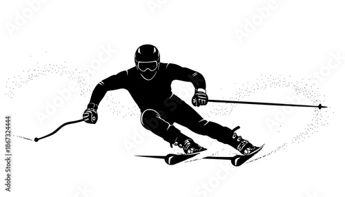 Dynamic skiing silhouette, skier in motion, winter sports action, alpine skiing, extreme sport, ski poles, downhill skiing, snow adventure.
