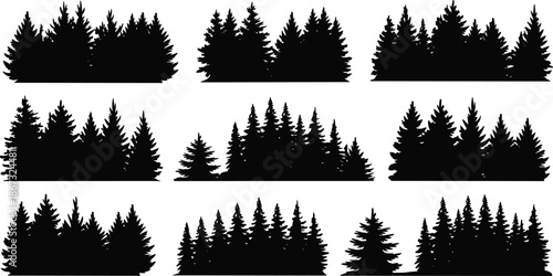 Pine forest silhouettes collection isolated on white background evergreen trees landscape elements for nature design vector illustration graphic set