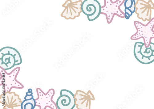 Different freehand drawn cartoon sea ocean starfishes river shells of different shapes and colors made in kid childish style. Marine oceanic water objects. Decorative frame. Vector illustration.