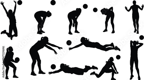 Female athlete silhouette set playing volleyball, jumping serving diving actions, dynamic sports movement poses, black flat vector illustration isolated on white background