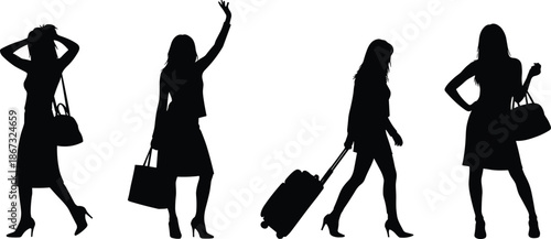 Fashionable women silhouette set, shopping and travel poses with handbags luggage, elegant female vector illustration isolated on white background flat design collection