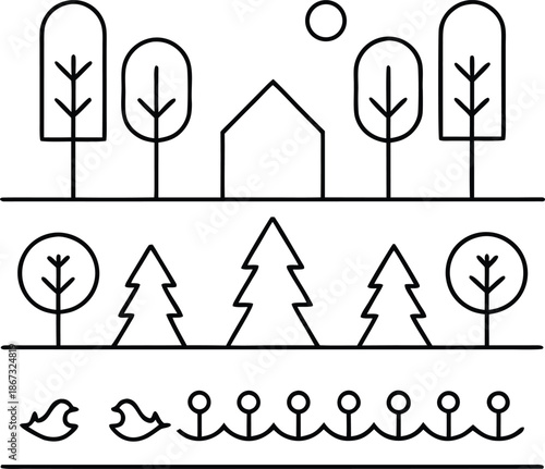 urban rewilding corridor line art vector illustration on transparent background
