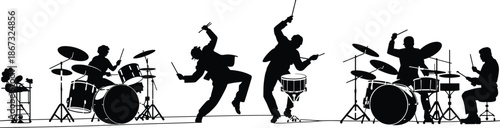 Rock band, drummer silhouette illustration, live music performance, energetic musicians, drum set, concert stage, rhythm, motion, isolated white background vector