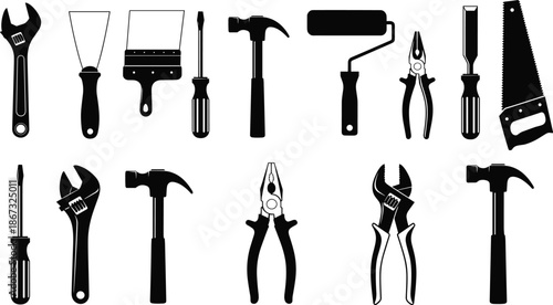 Set of black silhouette construction hand tools icons featuring hammer wrench screwdriver saw and pliers for carpentry home repair maintenance and renovation vector illustration