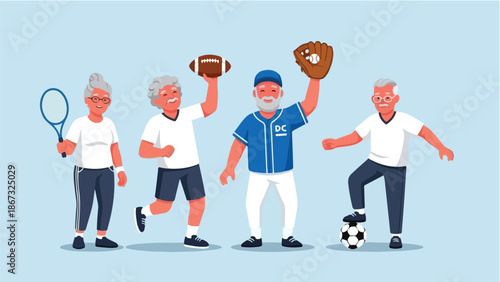 Group of Active Senior Citizens Holding Sports Equipment. Happy Elderly People Playing Football Tennis and Baseball. Cartoon Illustration of Retired Athletes Staying Fit.