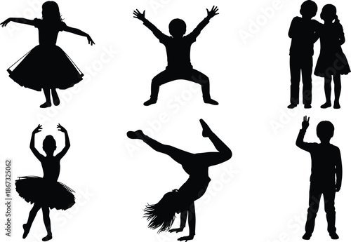 Set of happy children silhouettes featuring kids dancing jumping playing and posing for childhood fun growth and education concepts isolated vector illustration