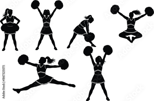 Set of cheerleader silhouettes featuring athletic women with pom poms jumping dancing and performing stunts for sports support team spirit and vector illustration