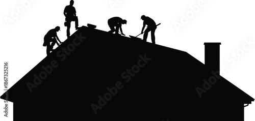 Roof construction workers silhouette illustration, home building teamwork scene, carpentry labor concept, residential house roofing, black white vector design