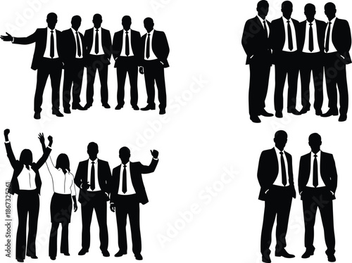 Set of professional business people silhouettes featuring corporate men and women in suits standing and celebrating for teamwork success and office leadership vector illustration