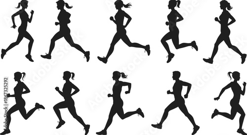 Running people silhouette set showing fitness jogging athletes, sport exercise vector illustration collection for training health lifestyle design projects