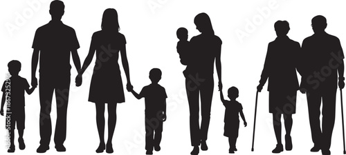 Happy family silhouettes walking together for family lifestyle and insurance marketing vector illustration