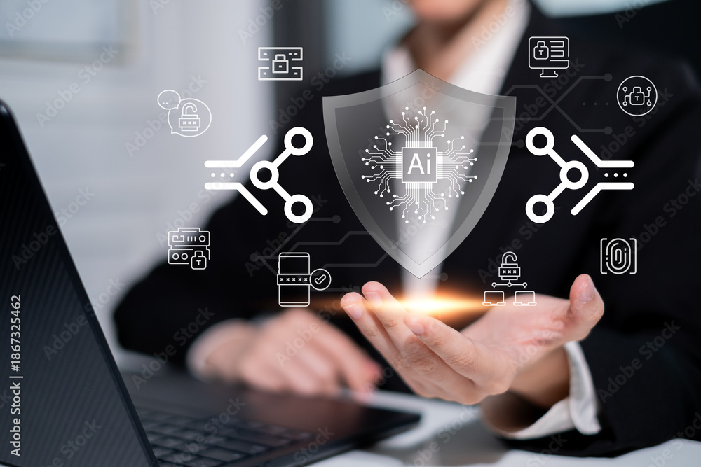 Fototapeta premium Businessman working on laptop computer smartphone login database with artificial intelligence ai algorithm helping in data privacy protection hacking prevention authentication, cybersecurity concept