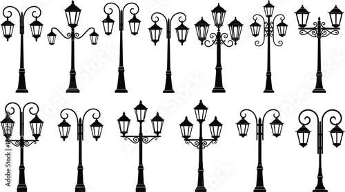 Set of vintage street lamp silhouettes featuring decorative antique lantern posts and classic outdoor wrought iron lighting for urban garden and park vector illustration
