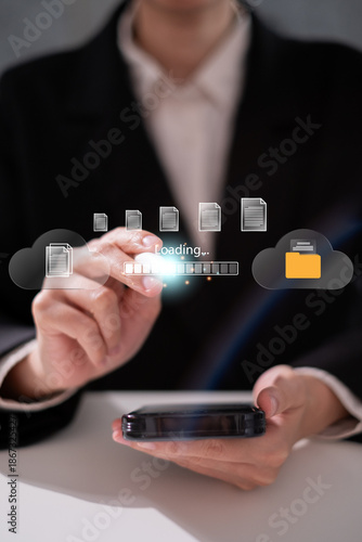 Businessman using cloud online database server upload transfer backup storage global digital data service, futuristic information technology concept