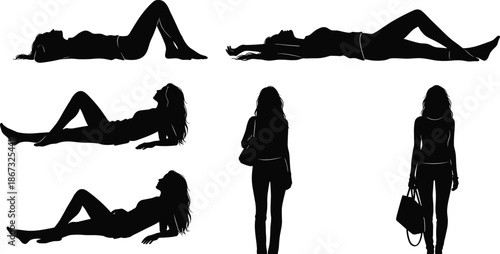 Set of young woman silhouettes featuring casual female poses lying down relaxing and standing with handbags for fashion lifestyle and summer vacation vector illustration