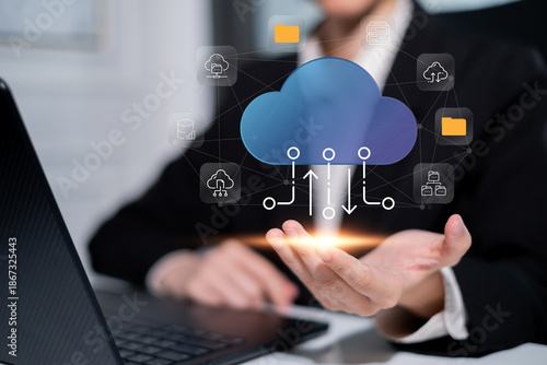 Businessman using cloud data backup storage server transfer document and file online download upload, futuristic information network technology concept