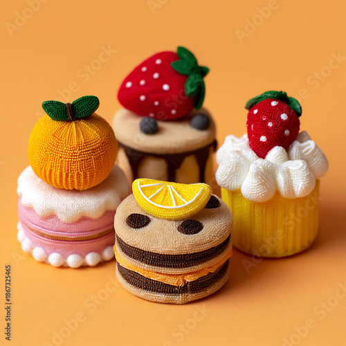 Colorful Beaded Cake and Cupcake Crafts on Yellow Background   made with generative AI