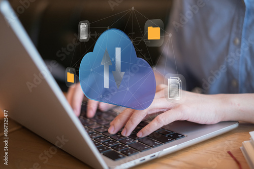 User using cloud service for upload transfer file data online digital information network server storage computer laptop, cloud data futuristic cyberspace technology concept