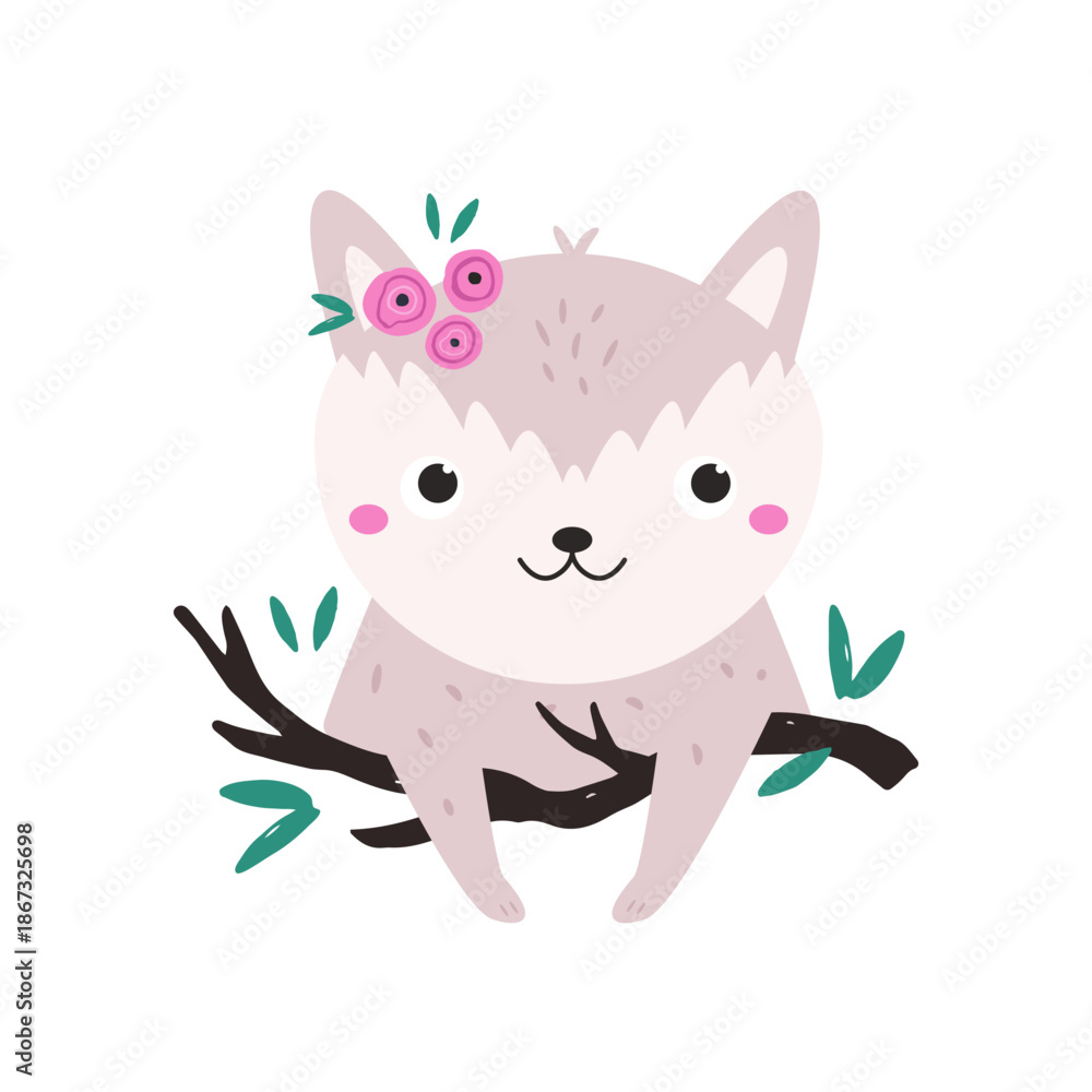 Fototapeta premium Cute Fox Sitting on Branch with Flowers. Sweet Cartoon Woodland Animal Vector Illustration for Kids