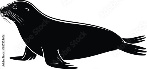 Seal silhouette illustration, marine animal design, sea lion profile, ocean wildlife icon, black and white vector, aquatic mammal art