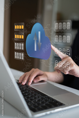 User using cloud service for upload transfer file data online digital information network server storage computer laptop, cloud data futuristic cyberspace technology concept