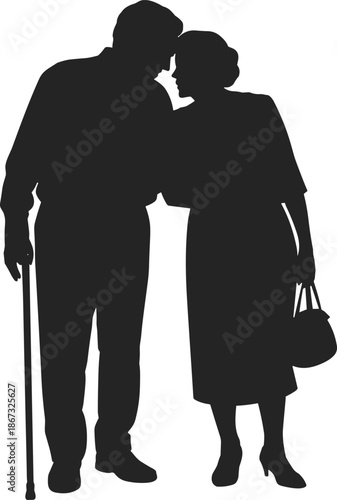 Senior couple silhouette illustration, elderly love support concept, man with cane woman handbag, aging together care, black white vector art