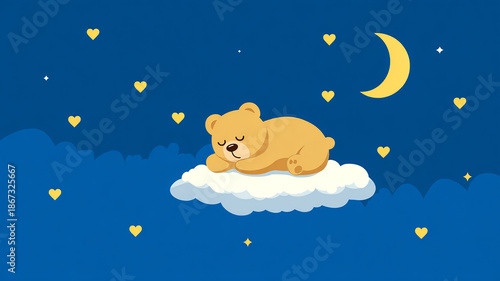 Sweet Dreams Concept with Yellow Teddy Bear Sleeping on a Cloud made with generative AI